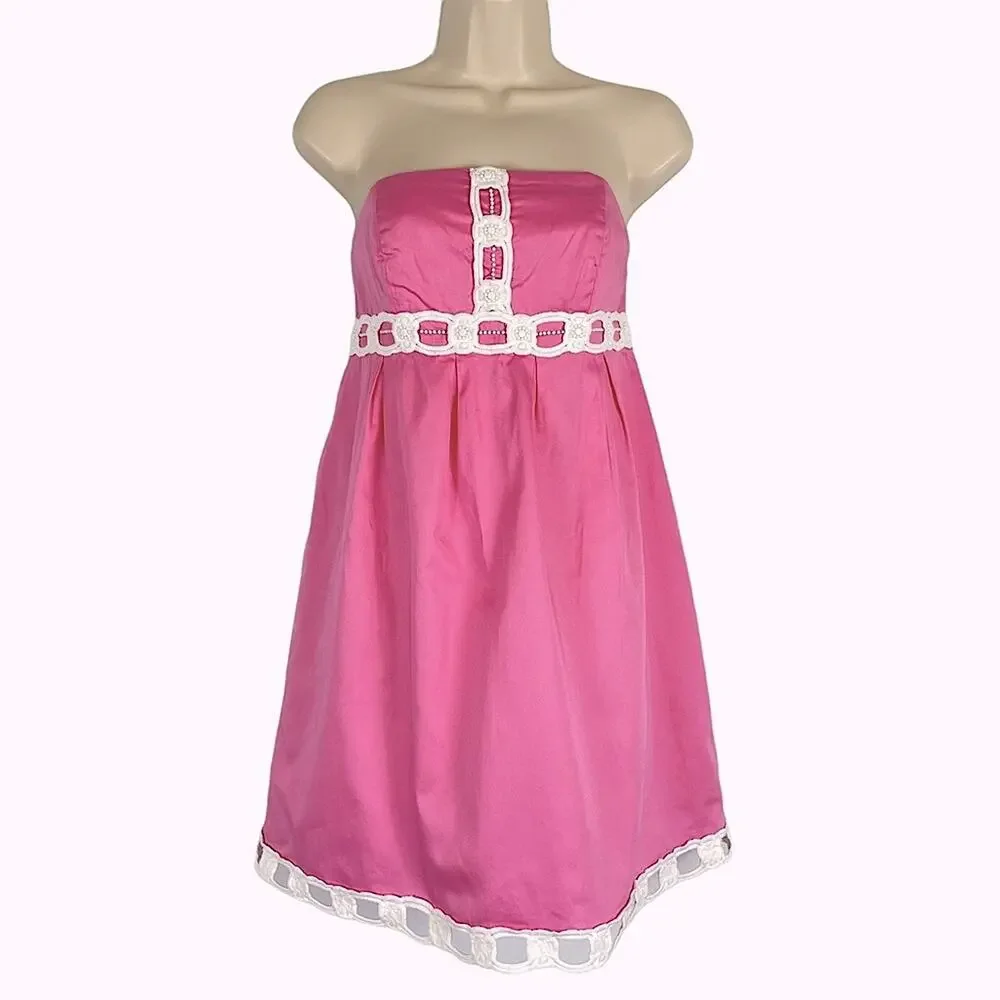 Lilly Pulitzer Strapless Fit Flare Resort Wear Dress Pink White Size 4 - Picture 2 of 12